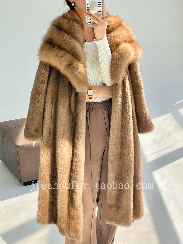 100% natural mink 2023 New Sable Collar Mink Coat Women's Whole Sable Imported Long High-end Big Brand Young Mink Fur Coat