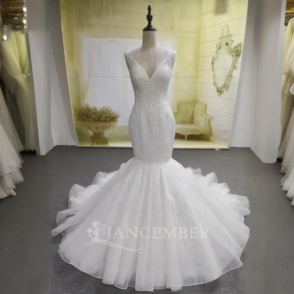 Vestidos De Novia brillantes De sirena De lujo personalizados, Vestido De Novia sin mangas con cuello en V, Vestido De Novia con cuentas De princesa con purpurina