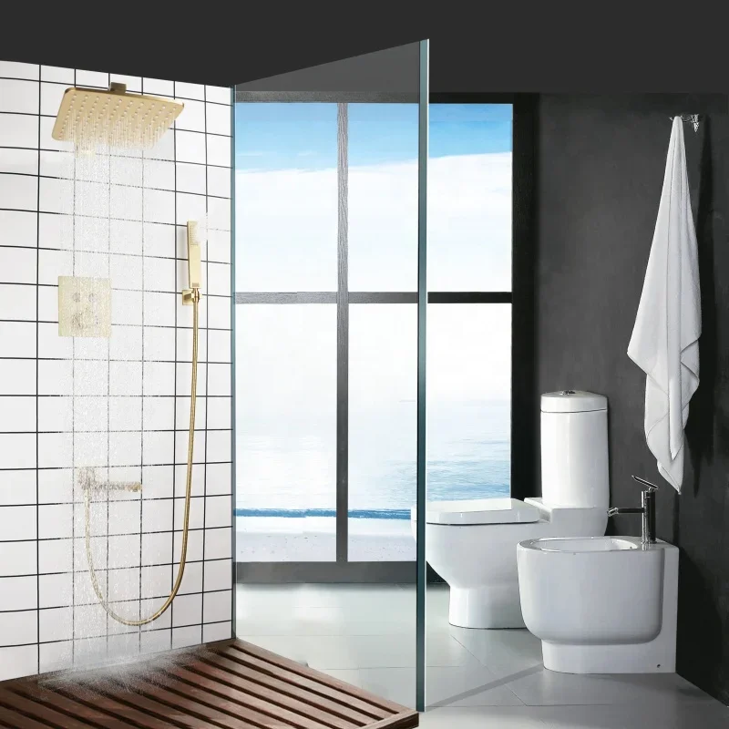 Brushed Gold Thermostatic Rainfall Shower System 10 Inch Bathroom Gold Luxurious Modern Shower Set With Bathtub Spout