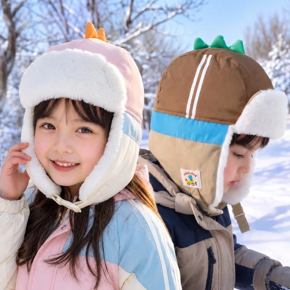 Cute Polyester Cartoon Trapper Hat Thick Ear Protection Dinosaur Winter Hat Warm 49-55CM Kids Earflap Hat For Children