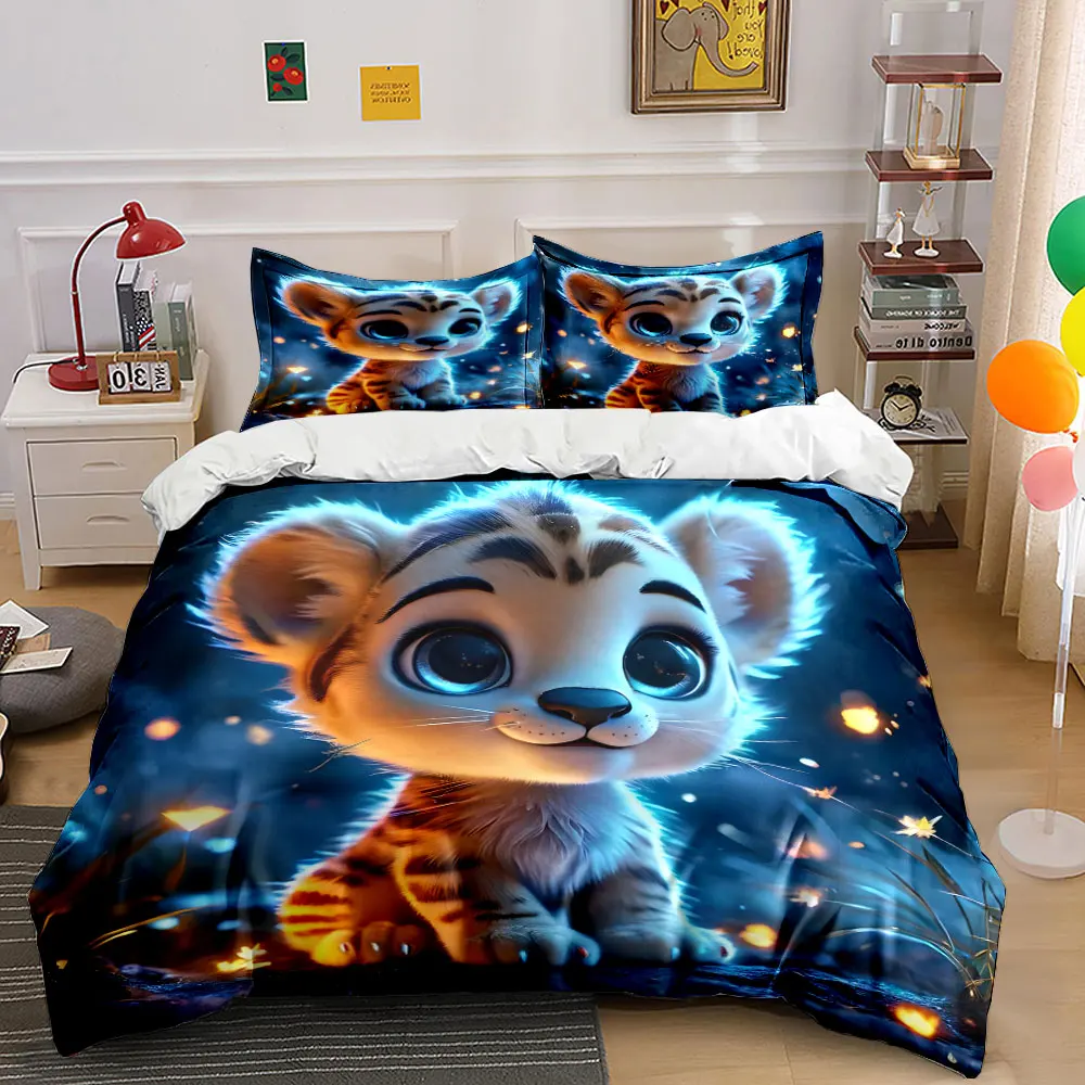 Adorable tiger cub in glowing forest Printed Duvet Cover Set 1 Duvet Cover+2 Pillowcase Multi Size Bedroom Bedding Decoration