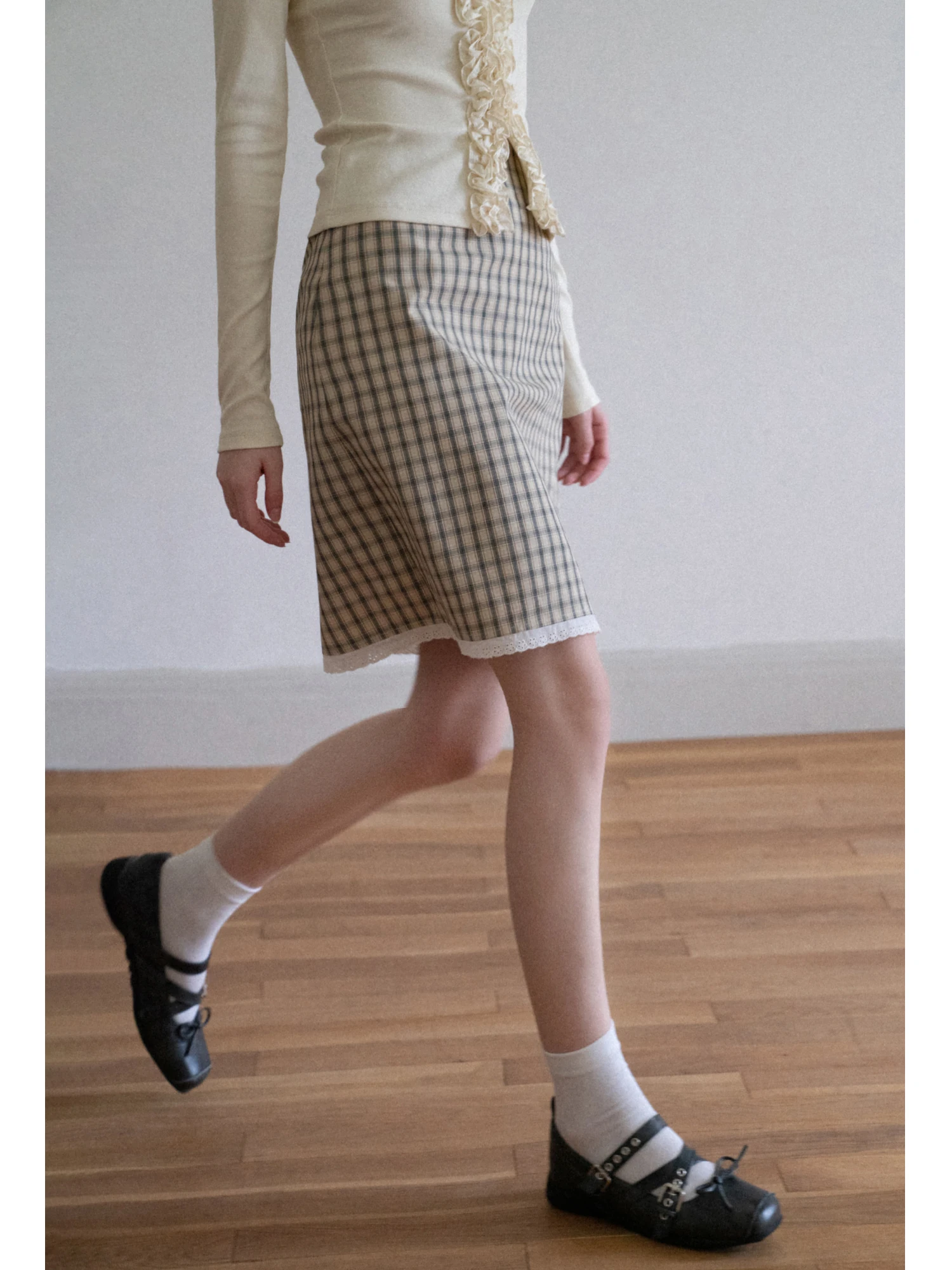 

High Waist Straight A-Line Skirt Casual Plaid Lace Trim Vintage Slimming Eggka Women's Faion Polyester Fiber Skirt
