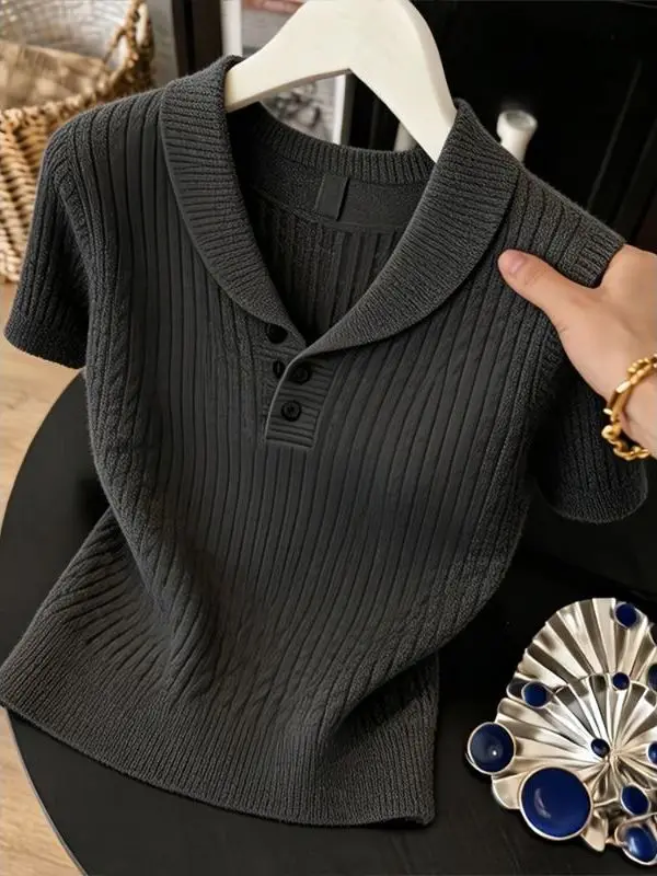 

Loose Fit Large Size Knitted Top Summer Casual Style Short Sleeve Turn-down Collar T-shirt Comfortable Breathable Women's Fas...