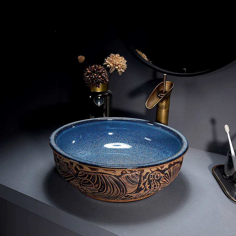 ZAPPO Round Vessel Sink with Faucet Drain JinDezhen Ceramic Vessel Sinks Oval Bathroom Sink Bowl Above Counter with Mixer Tap