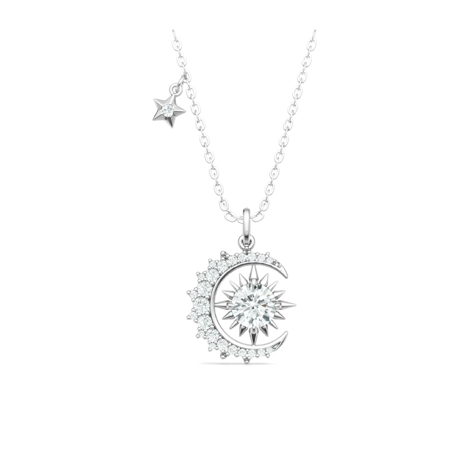 

S925 Silver Rhodium Plated 1CT D Color Micro Pave Moissanite Sun & Moon Pendant Necklace, Exquisite Jewelry