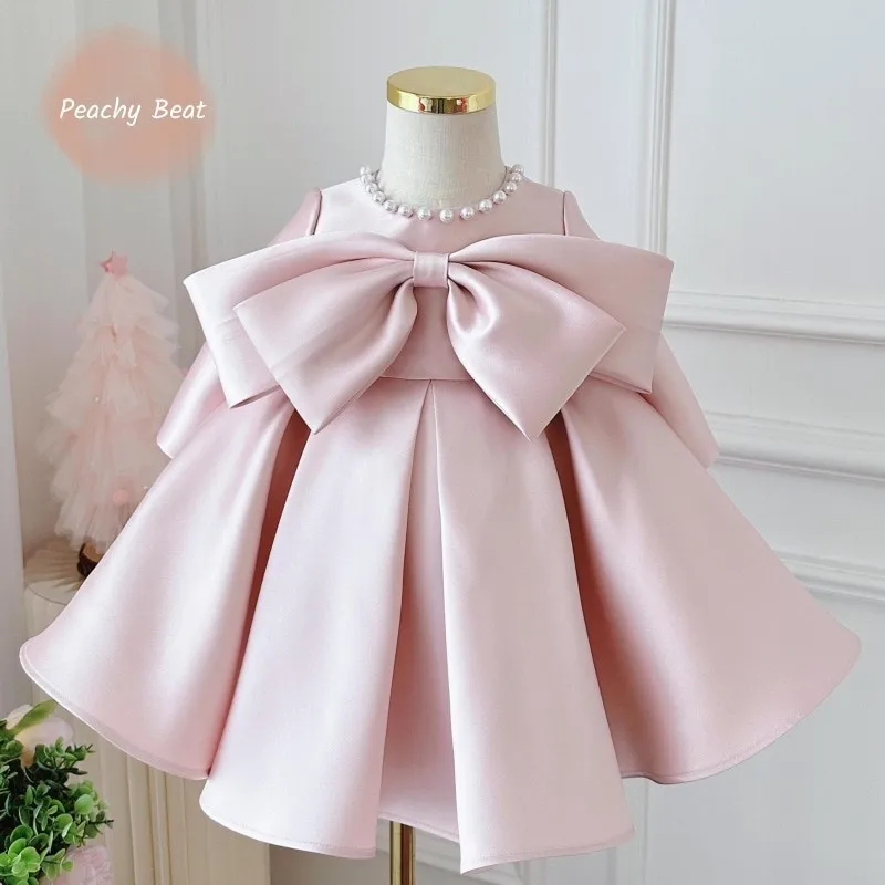 

Baby Girl Princess Big Bow Tutu Dress Long Sleeve Toddler Child Vintage Pearl Vestido Wedding Birthday Party Baby Clothes 1-5Y