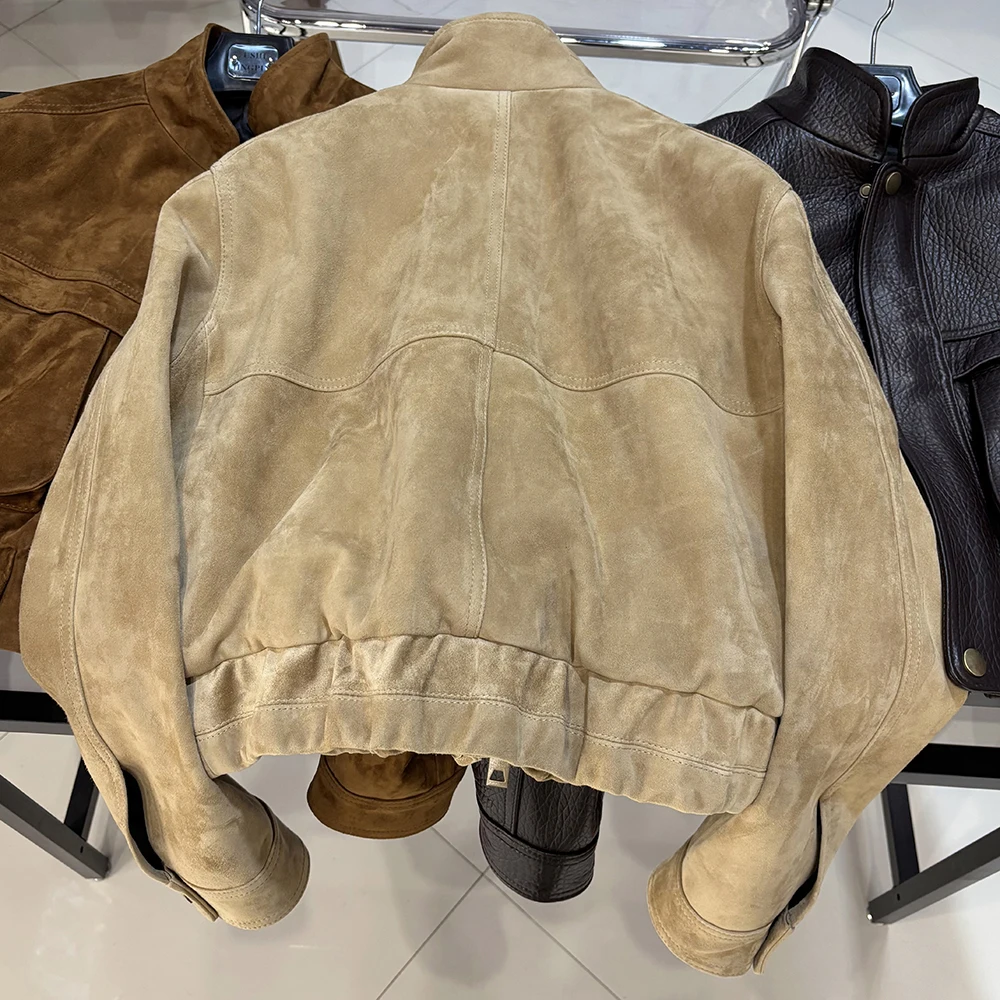 YOLOAgain 2026 Spring Short Suede Bomber Jacket Women Genuine Sheepskin Leather Jacket Ladies