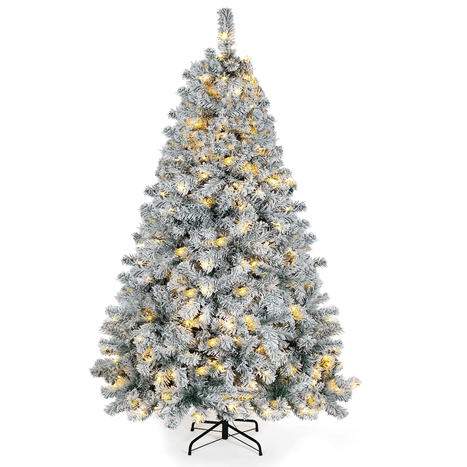 6ft Snow Flocked Pre-Lit Tree with 250 Adjustable Multicolor Lights, 900 Lush Branch Tips, Quick-Assembly Hinged