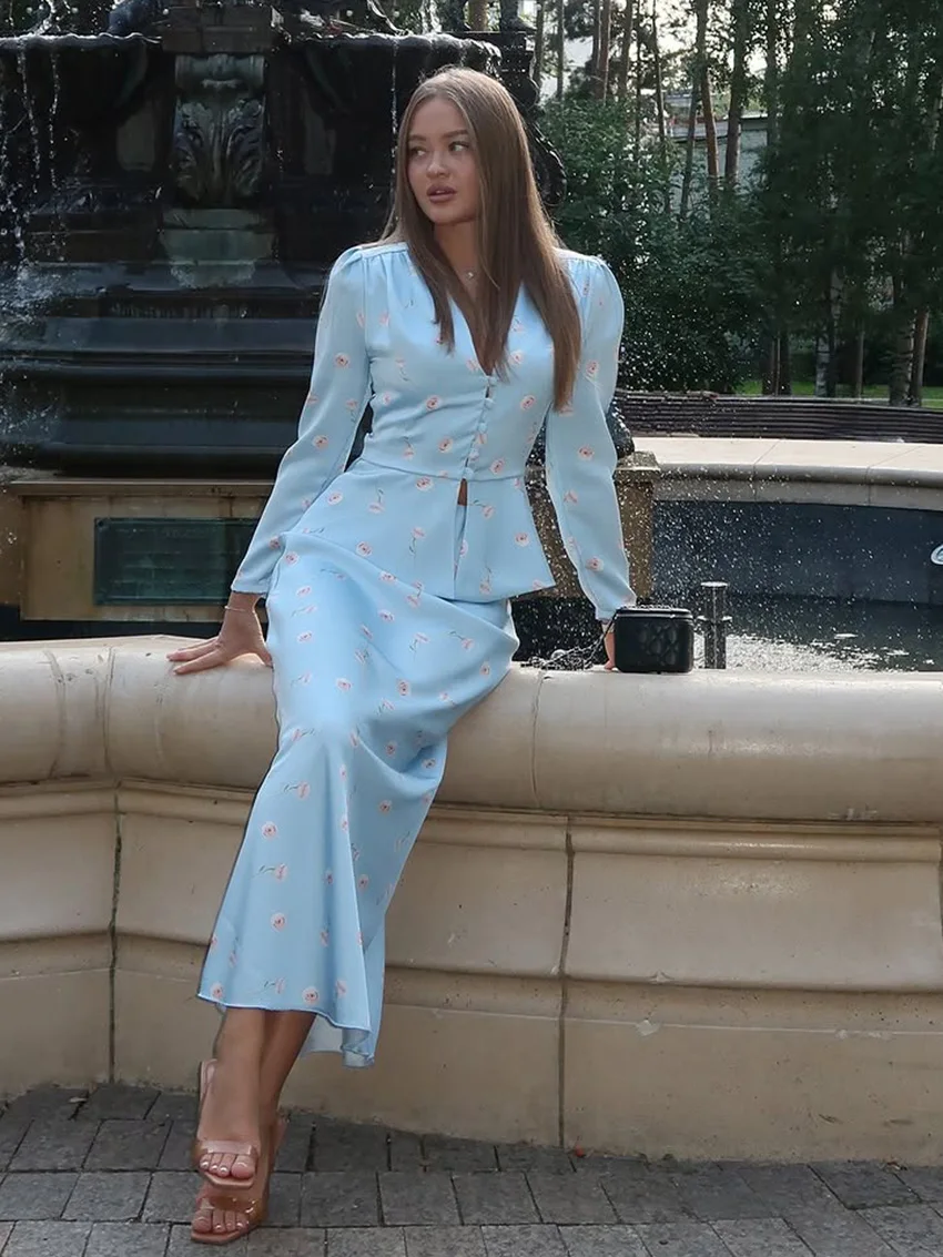 

Marthaqiqi Winter Female Nightwear Set Long Sleepwear Pajamas V-Neck Sleepwear Long Skirts Printing Women Nightgown Suit Fashion