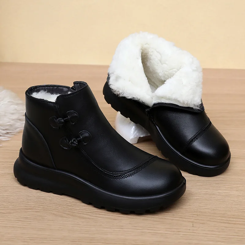 

Black Leather Winter Ankle Boots For Women With Faux Fur Lining Traditional Knot Button And Side Zipper Non Slip Thick Sole Warm