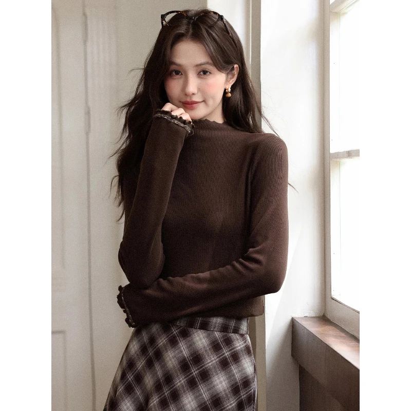 

ALXNAN женские футболки с длинными рукавами, воротник-стойка, манжеты с рюшами, пуловеры с обычными плечами, новые облегающие многослойные простые топы L58720