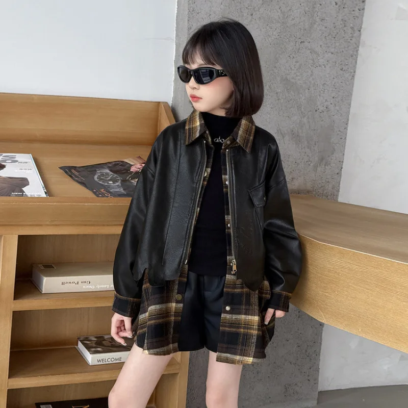 

Girls PU Leather Jacket Spring Autumn Fashion Plaid Patchwork Kids Outerwear Street Trend Coat for Children