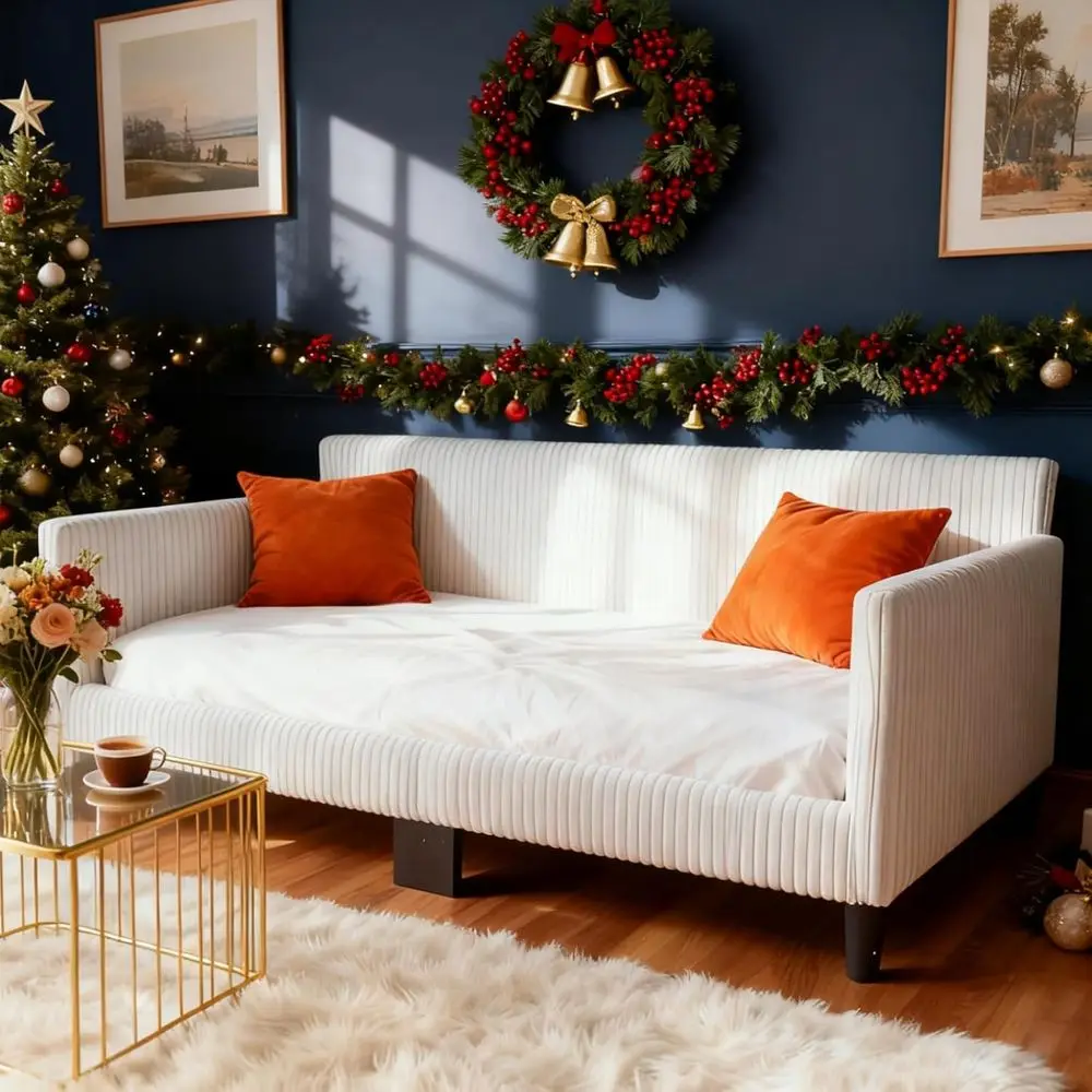 

Twin Size Corduroy Sleeper Sofa Bed for Living, Movie, or Bedroom, Beige and White