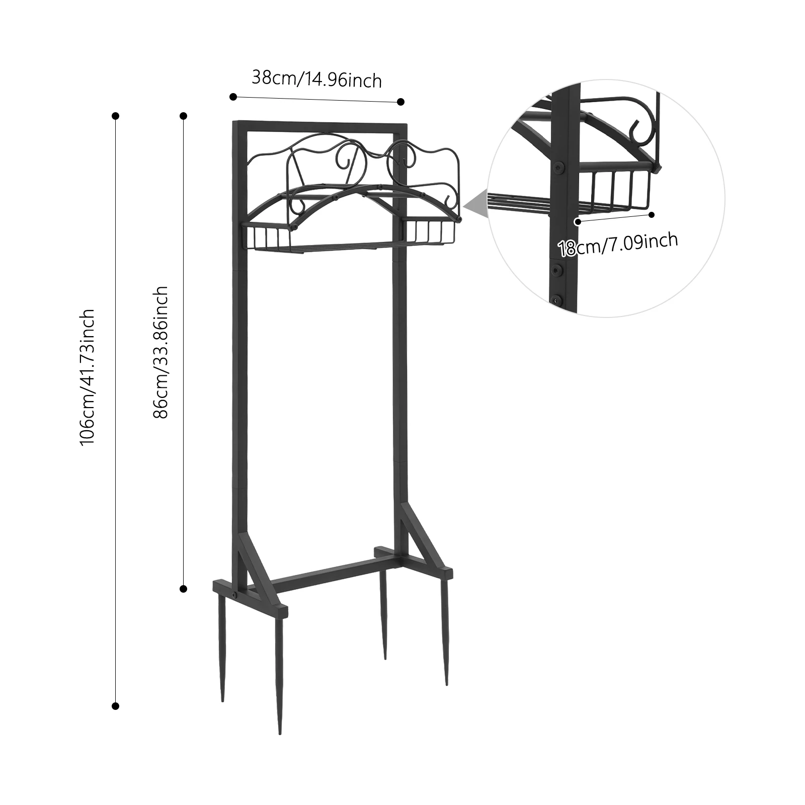 Robuster Gartenschlauchhalter aus Eisen mit Werkzeugablage, 50 Pfund Tragfähigkeit, rostbeständiger pulverbeschichteter Ständer, mobiler Wasserschlauchständer mit Rädern und Mehrzweck-Ablage für Rasen, Terrasse, Hinterhof. – Detail 7