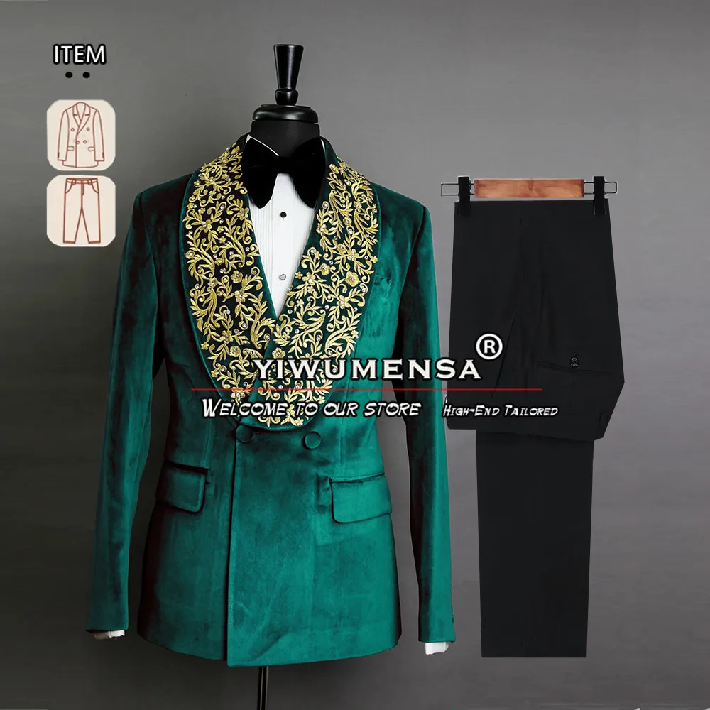 Green Velvet Suit Men Double Breasted Blazer Pants 2 Pieces Formal Wedding Tuxedo Banquet Prom Party Dress Boyfriend Marriage