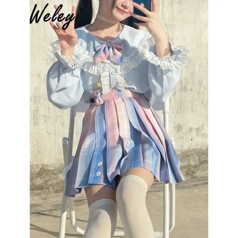 Kawaii Jirai Kei Uniform Skirt Suit Japanese Women 2024 Spring Cute Sweet Large Size Blue Long Sleeve Doll Collar Pleated Skirts