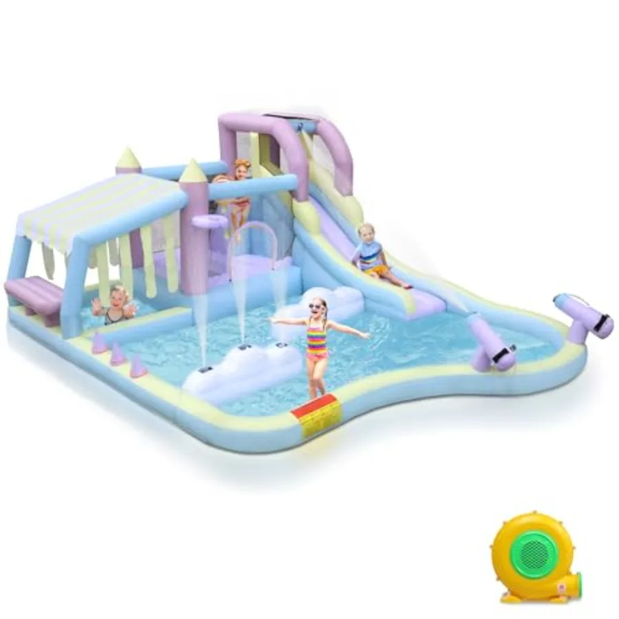 

Надувной батутный комплекс с воздуходувкой 750 Вт, уличный водный аттракцион с водной горкой, зоной для прыжков с распылением воды и игровой зоной для двора