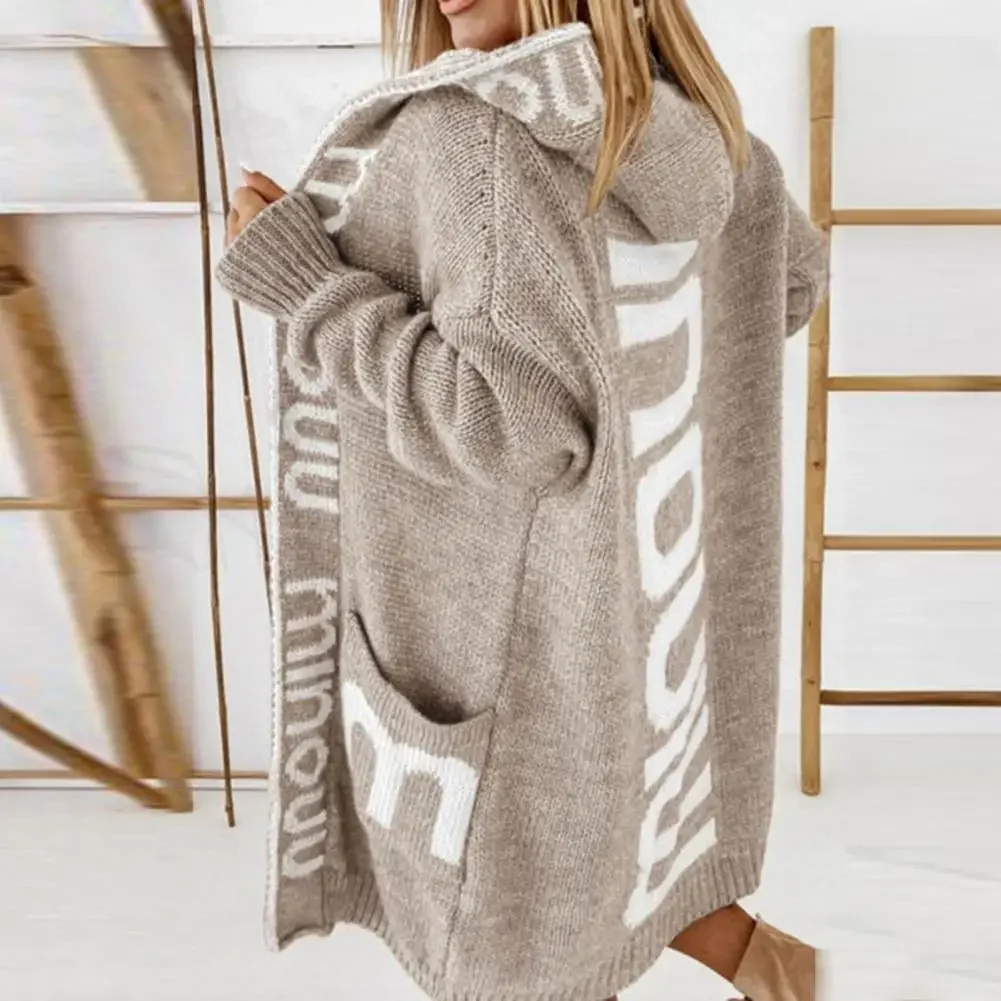 트렌디한 후드 니트웨어 긴 소매 따뜻한 방한 가을 겨울 여성 미디 니트 카디건 스웨터