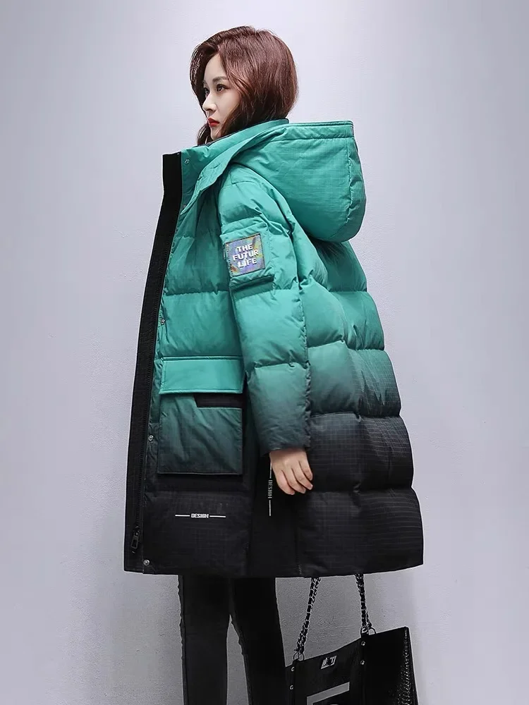 Winter Jackets Woman White Duck Down Thickened Warm Medium-length Down Jacket Gradient Color Design Fashion Hooded Puffer Jacket