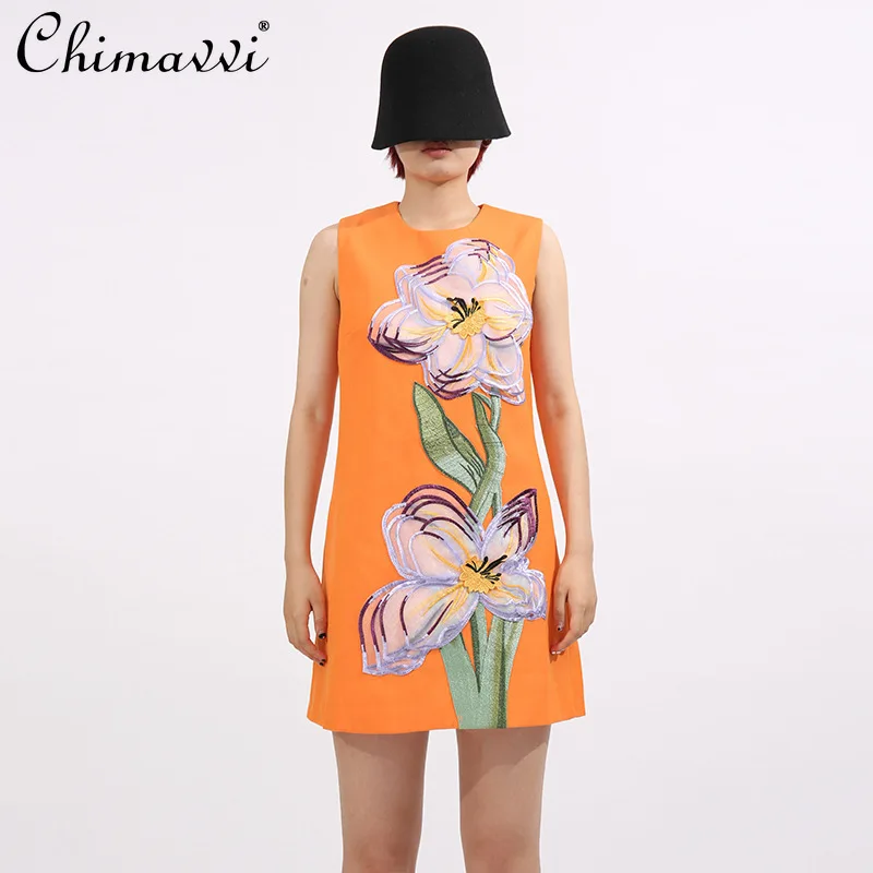 

French Elegant Socialite Party Dresses 3D Mesh Embroidered Flowers Round Neck Sleeveless High Waist Bodycon Short Dress Women
