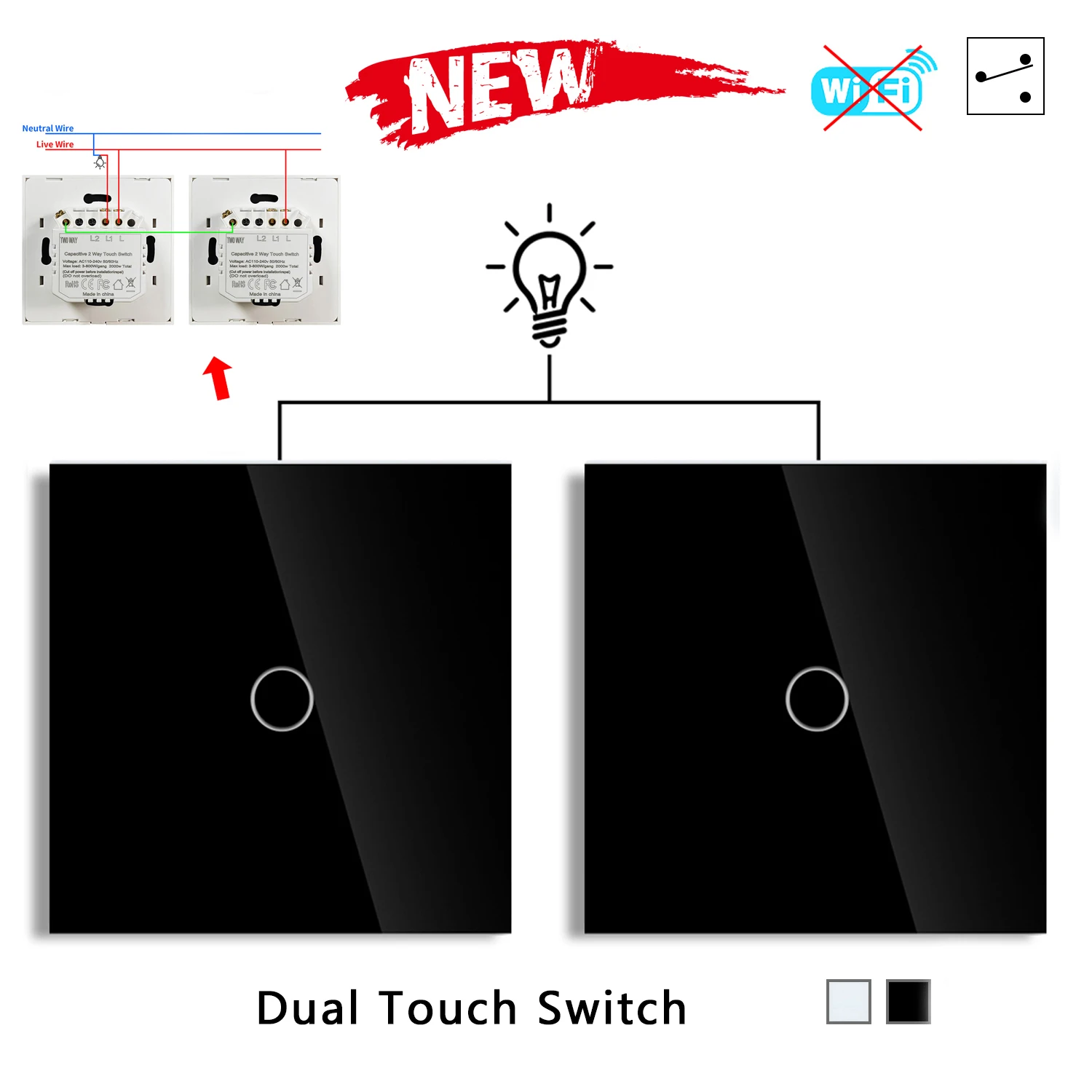 Two Way 1gang 2gang Wall Touch Dual Switch EU Standard Light Switch With Tempered Glass For Bedside Staircase No Wifi No RF433