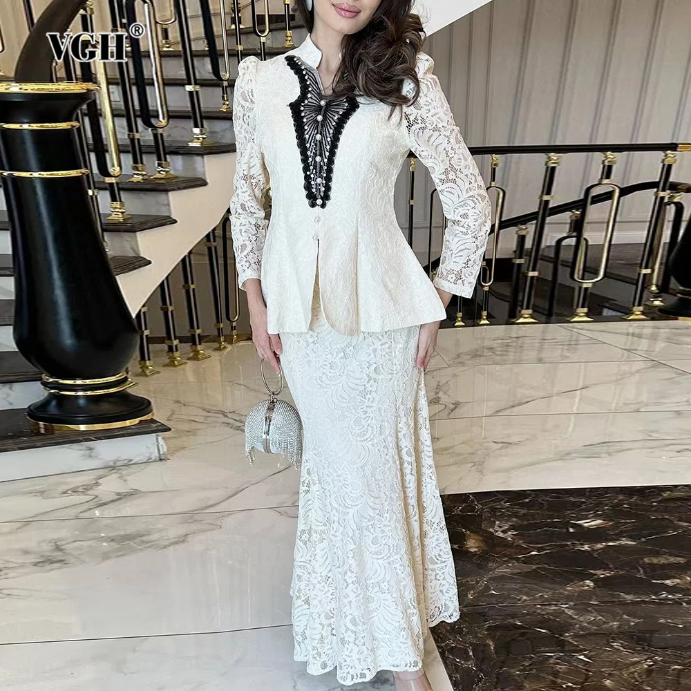 

VGH Elegant Hit Color Lace Slimming Two Piece Sets For Women Stand Collar Long Sleeve Top High Waist Skirt Chic Set Female New