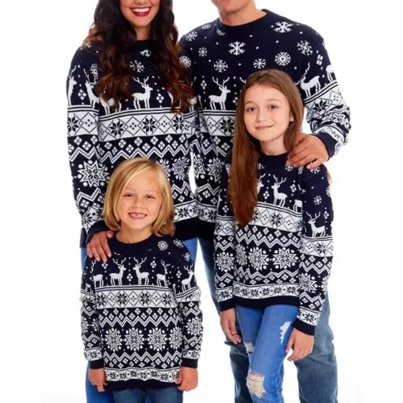 Xingqing Christmas Sweater Family Clothes Snowflake Print Warm Long Sleeve Round Neck Pullovers Knitted Tops Matching