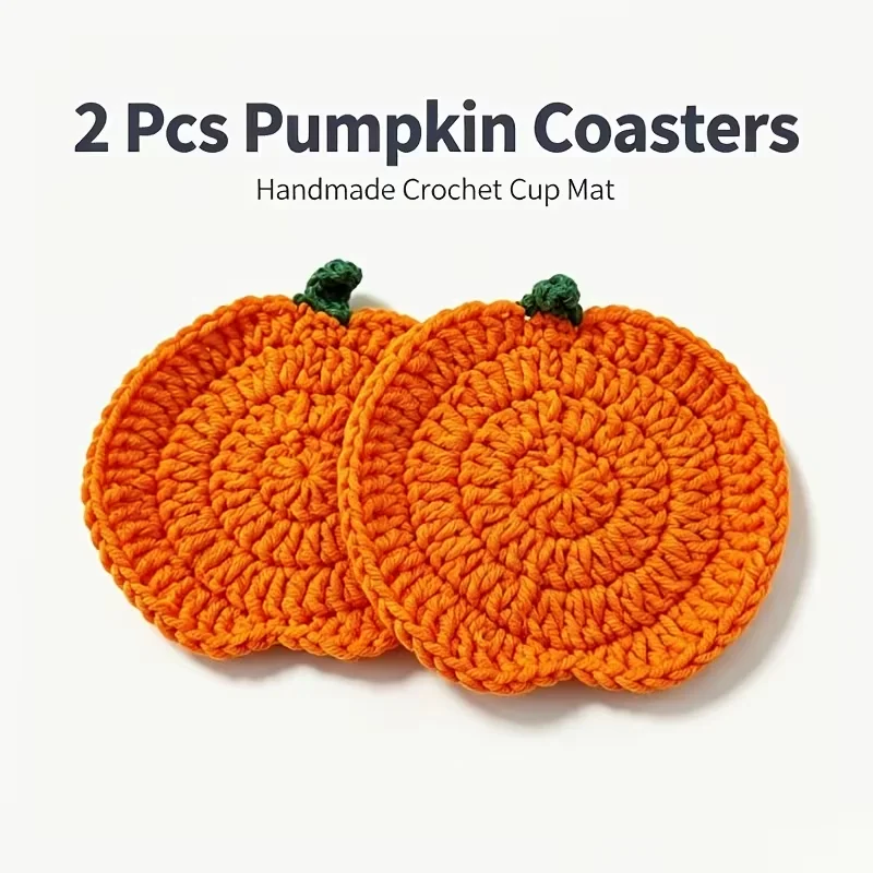 2Pcs Autumn Crochet Pumpkin Coasters,Handmade Drink Mats,Decor for Fall, Thanksgiving Table Accessories, Halloween Kitchen Gifts