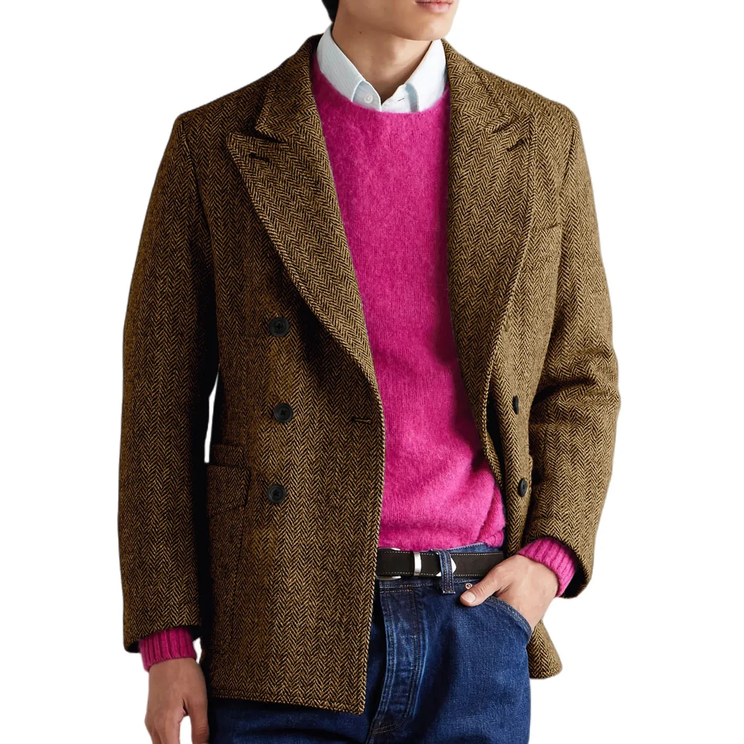 イタリアンスタイル メンズ ヘリンボーン ブレザー スリムフィット ダブルブレスト カジュアル 快適 ファッションジャケット ヴィンテージ カスタム アウターウェア