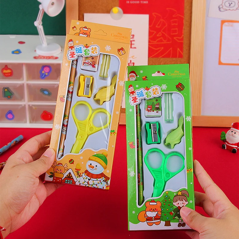 6Pcs/set Christmas Stationery Set Pencils Sharpener Erasers Children Writing Drawing Pencil Gifts School Stationeries Supplies
