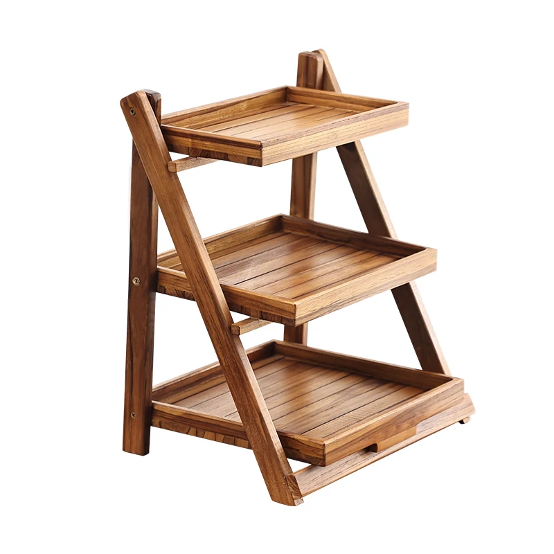 Kitchen Teak Organizer Storage Shelf Foldable Wooden Storage Rack Solid Wood Desktop Stand Multifunctional Space-Saving Holder