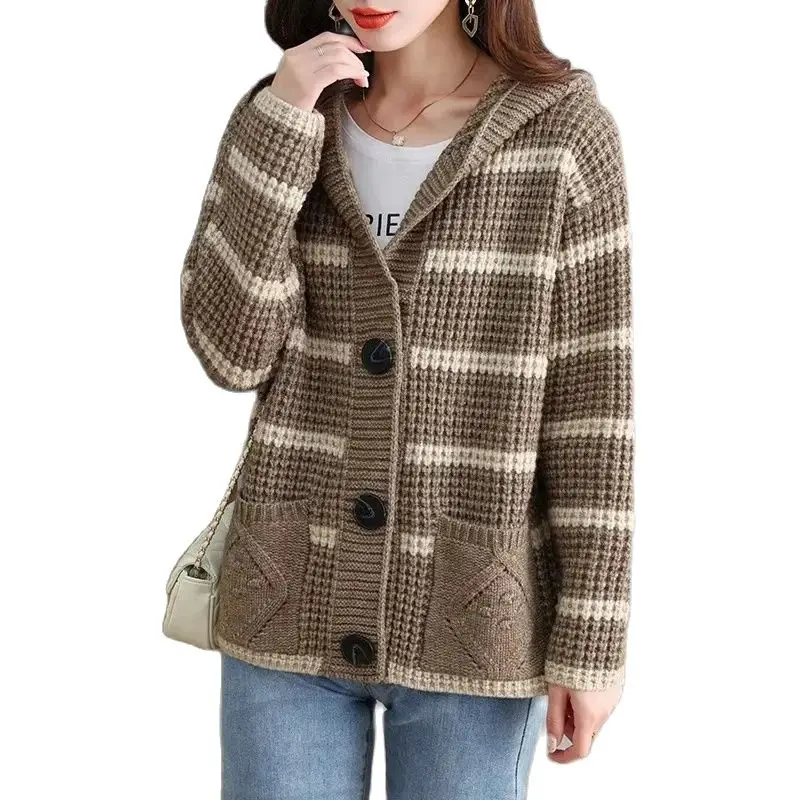 

Striped Hooded Sweater Coat Medium Long 2024 New Ladies Jacket Loose Hooded Knitted Cardigan Spring And Autumn Coat