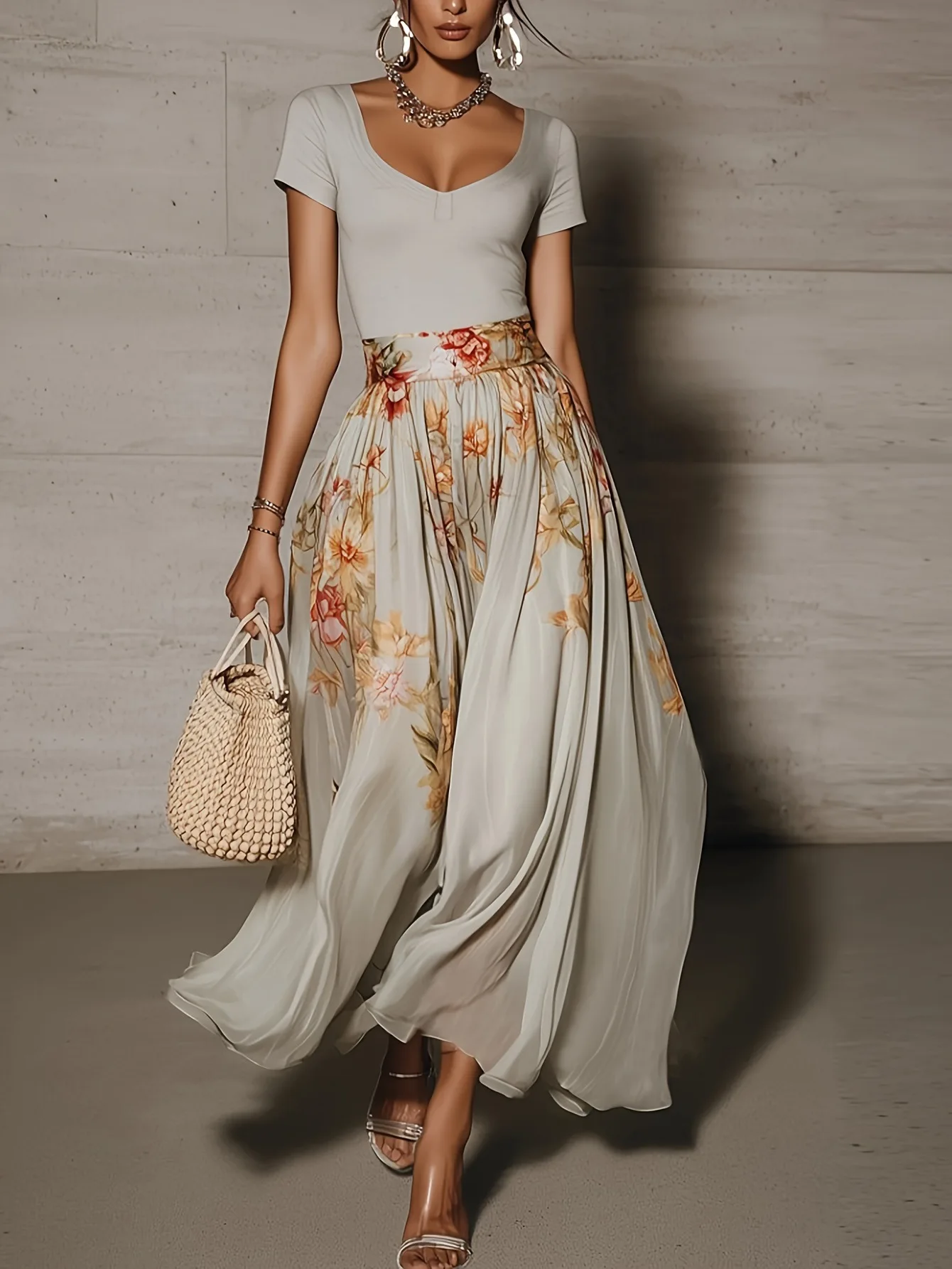 Schickes Damen-Maxikleid 2-teiliges Set Einfarbig Figurbetont V-Ausschnitt Kurzärmeliges Oberteil mit Blumenbedrucktem Hochgeschnittenem Chiffon-Maxirock