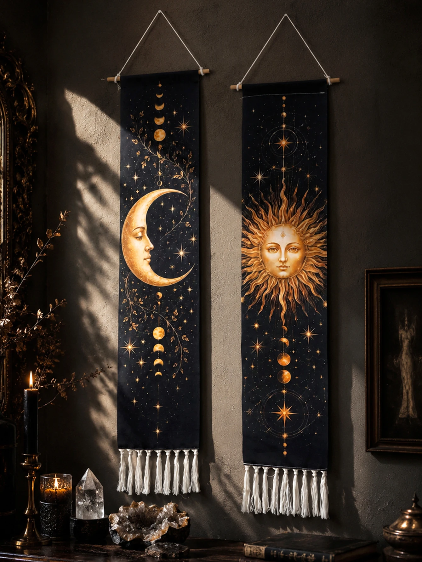 Boho Sun Moon Face Tapestry with Tassel Black & Gold Moon Phase Star Celestial Wall Hanging Witchy Tarot Wall Art Decor for Home