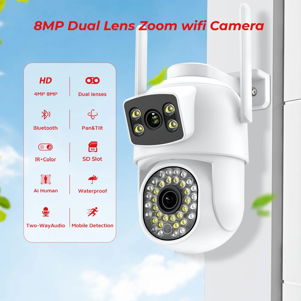 4K 8MP PTZ Wifi IP Camera Dual Lens 4X Zoom AI Human Detect ONVIF Wireless Surveillance CCTV Cameras Security Protection ICSEE