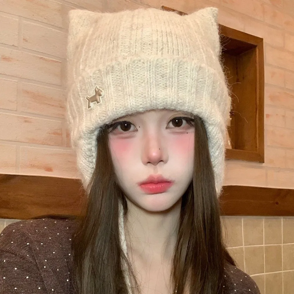 Polyester Fleece Lined Beanie 56cm To 58cm Large Head Circumference Cat Ear Knitted Hat Ear Protection Thick Knit Hat