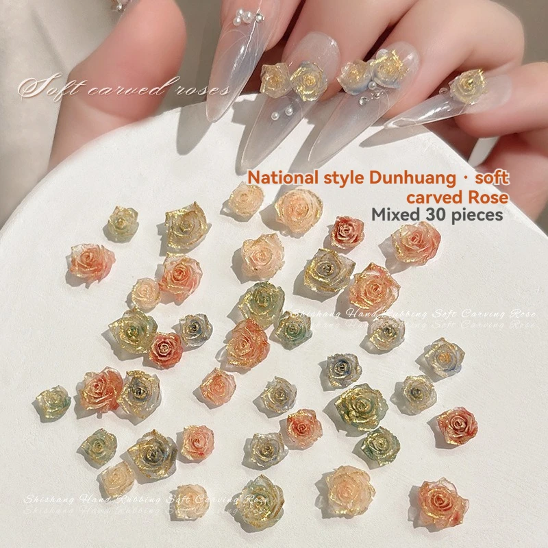 

30PCS 4color Camellia Dunhuang Soft Carved Rose Flowers Resin Nail Art Rhinestones Decorations Manicure Ornaments