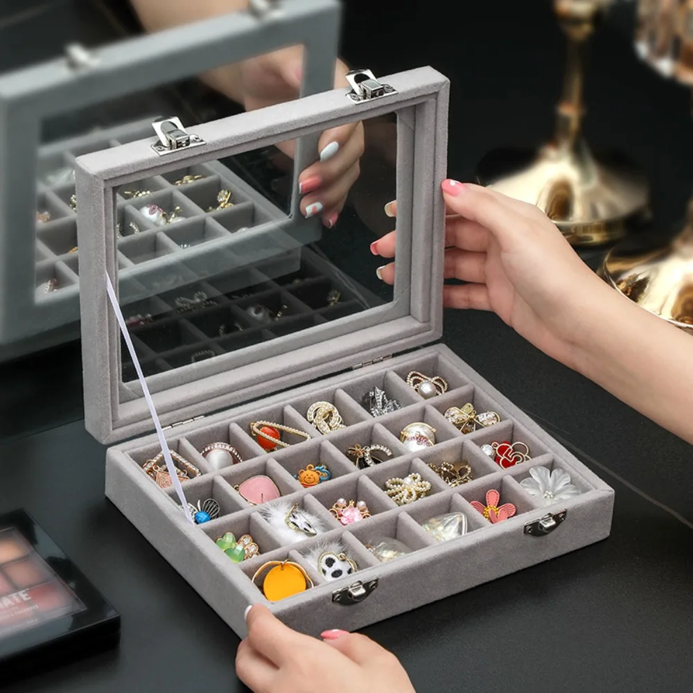 12 /24 Grid Velvet Ring Box Tray Portable Multi-function Jewellery Organiser Storage Dustproof Desktop Storage Box