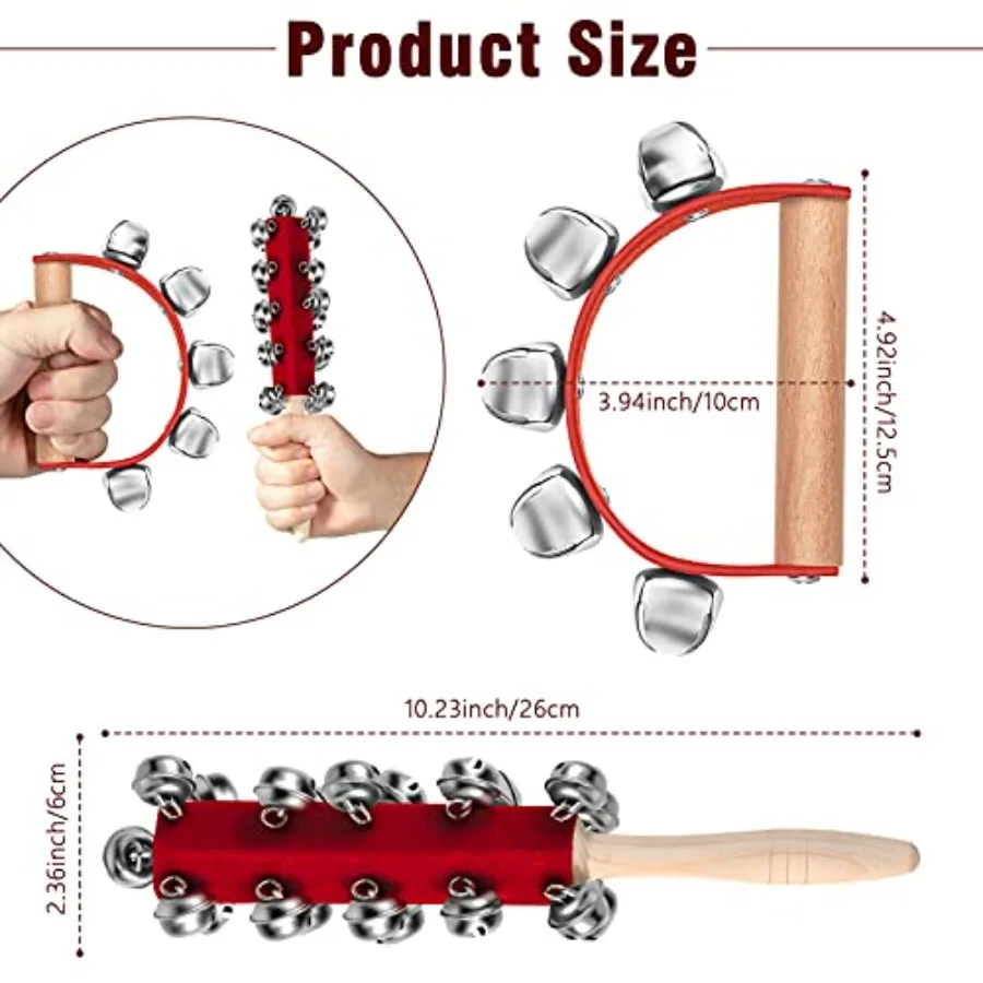 Boao 5 قطعة أجراس جلجل اليد لعيد الميلاد للبالغين مقبض خشبي أحمر شاكر مزلقة أجراس اليد الآلات الموسيقية لعيد الميلاد B