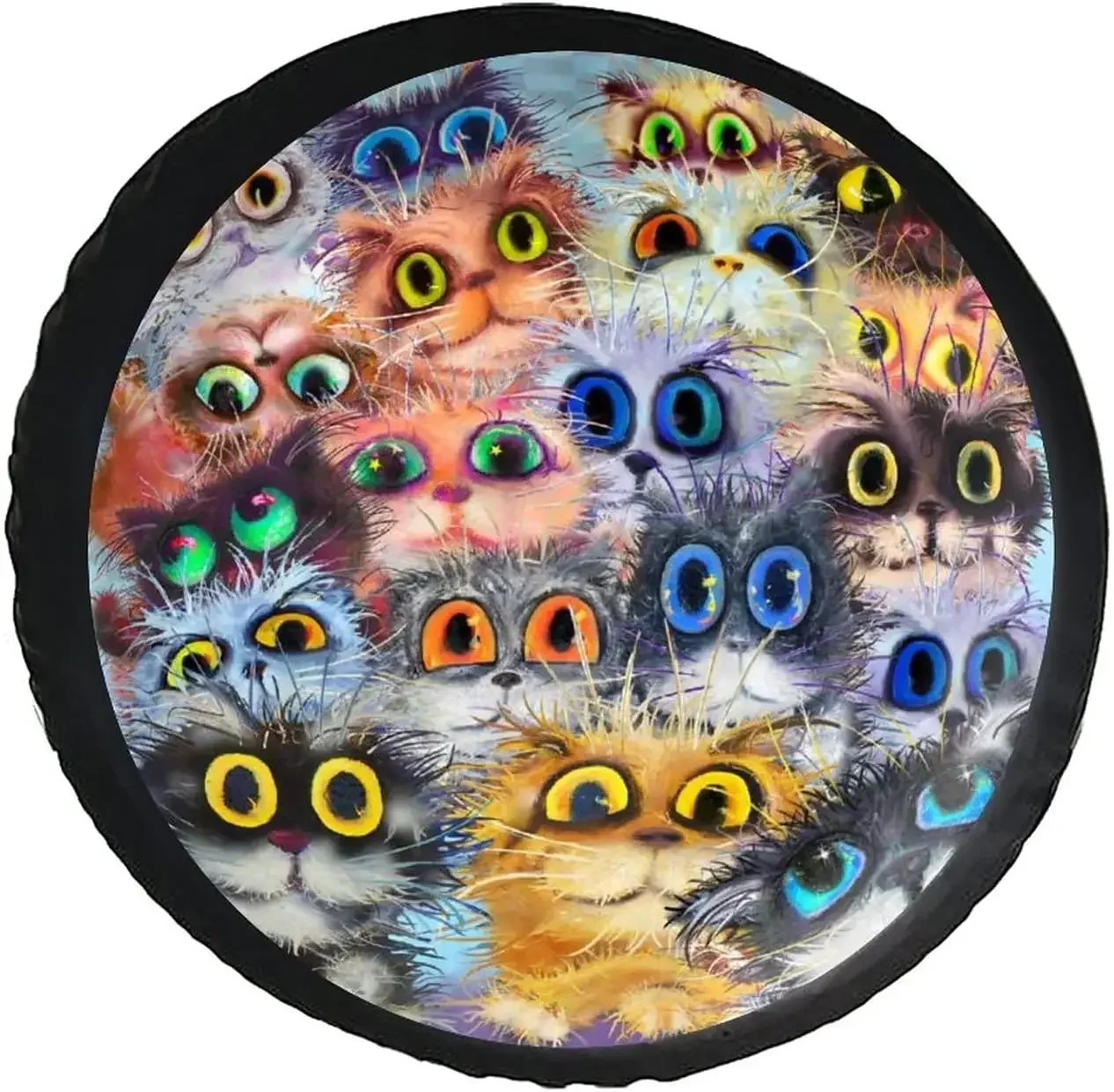 

Пушистые кошачьи лица с большими красочными узорами глаз, чехол для запасного колеса, защита для колес, защита от пыли, универсальный, подходит для внедорожника, грузовика, кемпера