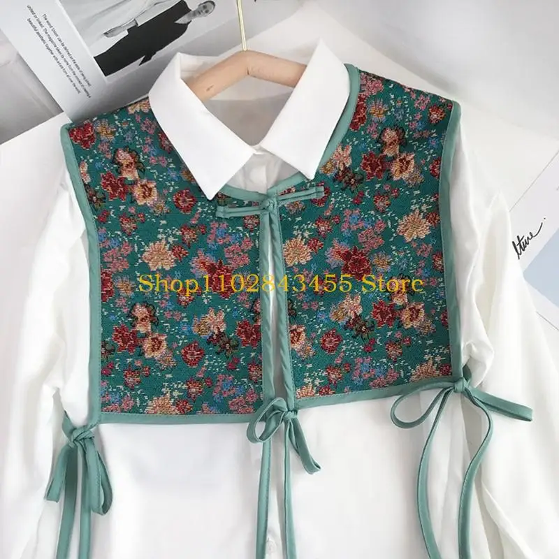 49MC Women Chinese Embroidery Half Top Shawl Vintage Flroal Cheongsam Fake Collar Lace-Up Decorative Neck Cover Dickey