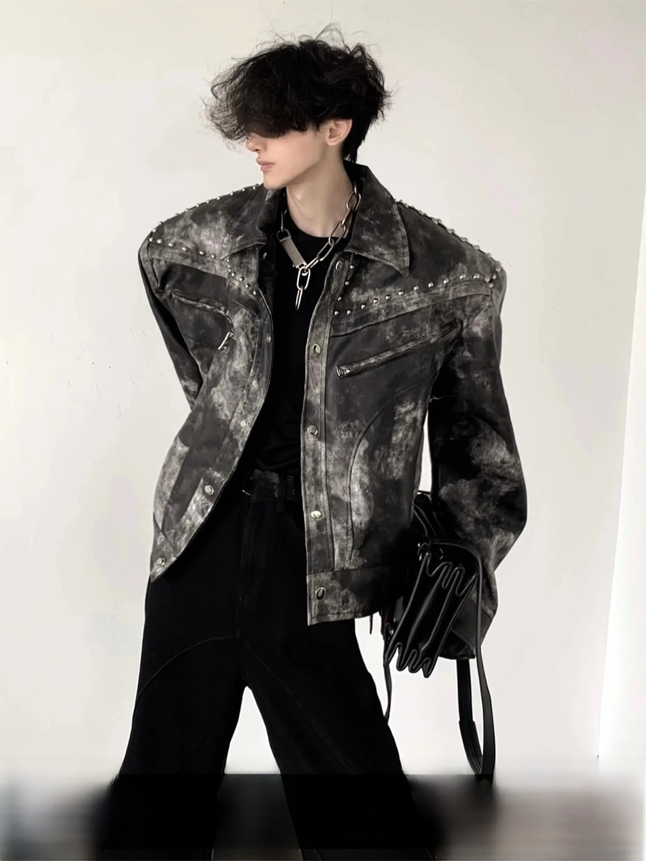 Autumn Mountain Wind Punk Rivet Design Biker Leather Jacket Men's American Retro Shoulder Pad Jacket Coat Youth Casual Fashion