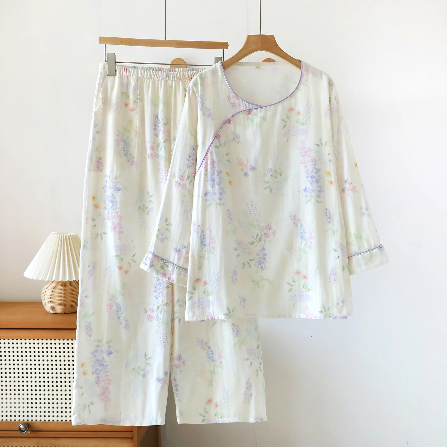 

National Style Bamboo Fabric Cotton Pajamas Set for Women Spring and Summer Thin Nine-Quarter Sleeve Homewear Clothes