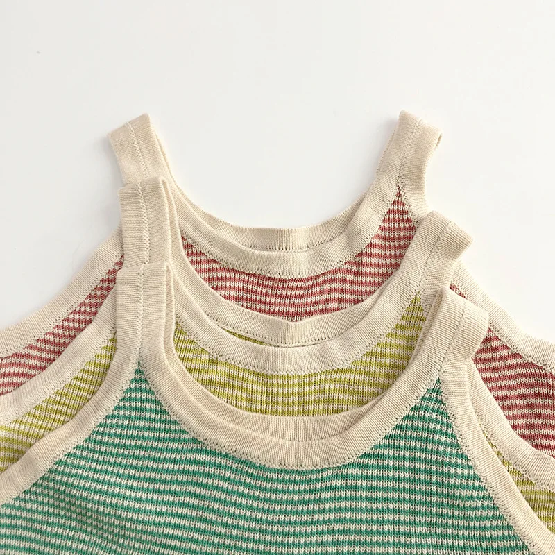 

Kids Toddler Versatile Casual Tees Summer New Children Sleeveless Knitted Striped Vest Baby Boy Girls Soft Breathable Sling Tops