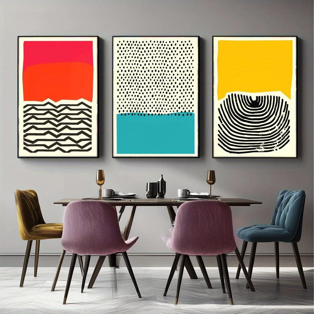 3pcs/set Red and Yellow Squares Bauhaus Style Canvas Prints Mid-century Bauhaus Geometry for Modern Living Room and Home Decor