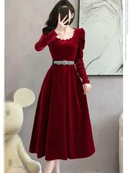 SMTHMA New Fashion Light Luxury Celebrity Velvet Dress Women's Square Neck Puff Sleeve Red Black Party Dress With Diamonds Belt