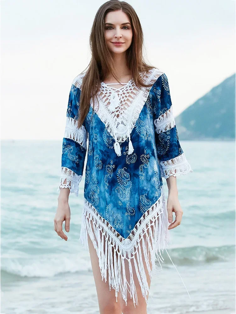 New Tie Dye Printed Beach Cover-Ups Women Bikini Cover Up Hollow Out Tassel Beach Dress Summer 2025 Fashion Female Beachwear