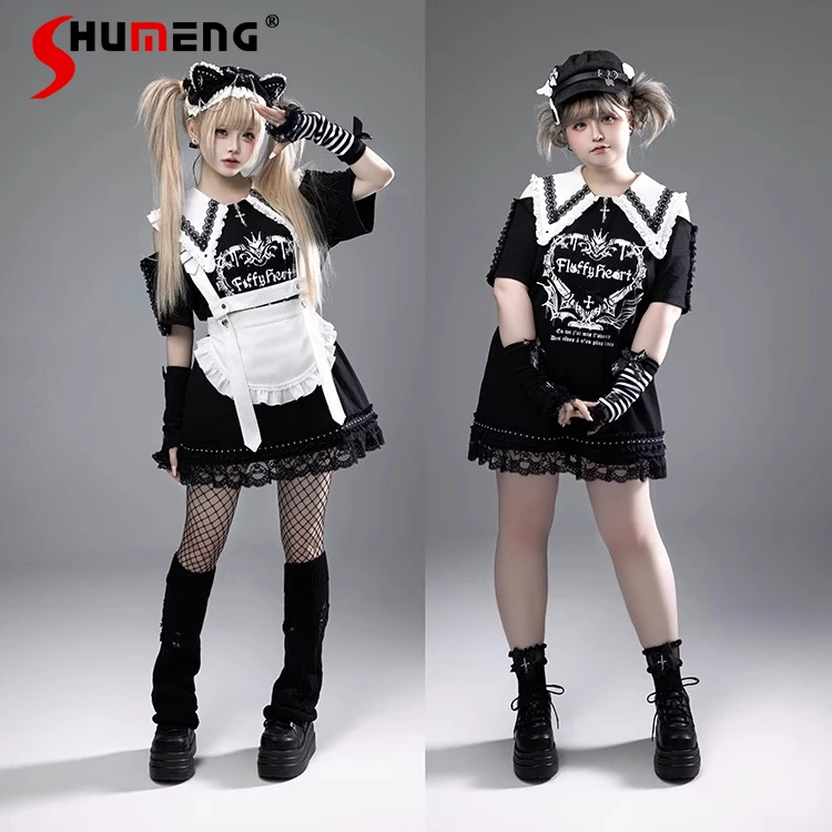 Japońska Kolekcja Gotycka Subkultura Lalka Kołnierz Krótki Rękaw Drukowana Koronka Łączenie Luźna Codzienna Długa Koszulka Damska Letnia Sukienka