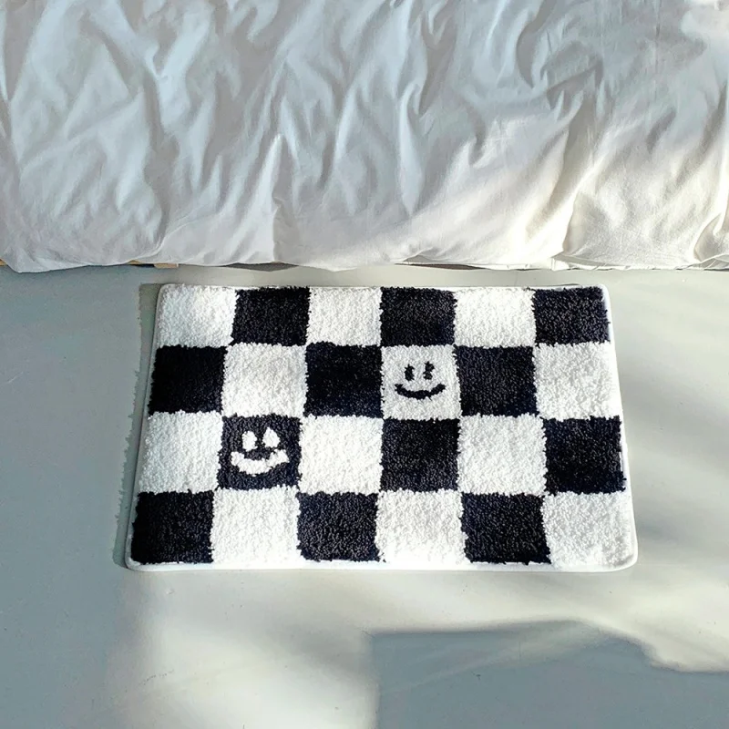 VIKAMA Plüsch-Fußmatte mit Schachbrettmuster, rutschfeste Badematte, Schlafzimmer-Bettvorleger, Bodenbelag, Heimdekoration