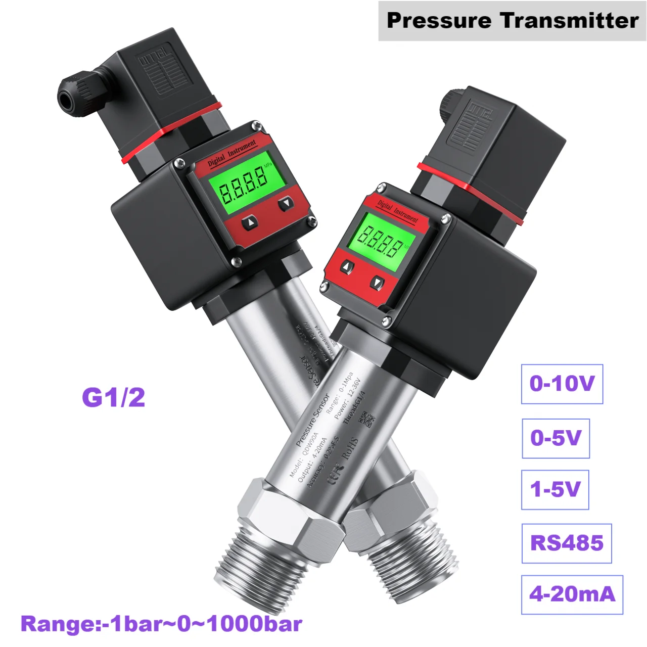 G1/2 LCD Pressure Transmitterr Sensor 0-0.1bar 1bar 200bar 300bar 400bar Pressure Digital Display DC24V DC12V 4-20mA Pressure